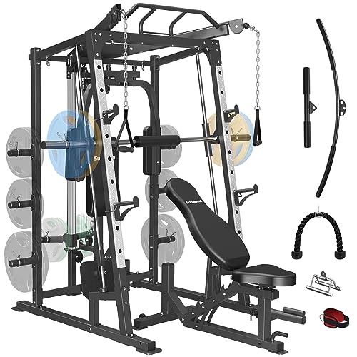 SunHome Smith Machine, 2000LBS Power Cage Squat Rack with Smith Bar, Two LAT Pull-Down Systems, Cable Crossover Machine and and More Cable Attachment for Home Gym