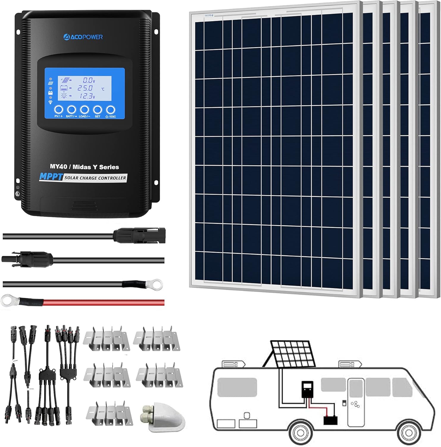 ACOPOWER Solar Panel Kit, 800W 12/24V Polycrystalline Off-Grid System for RV Home Marine with 8PCs 100W Rigid Solar Panels/60A MPPT Controller/Z-Brackets/Y Connectors/Solar Cables/Cable Entry Housing