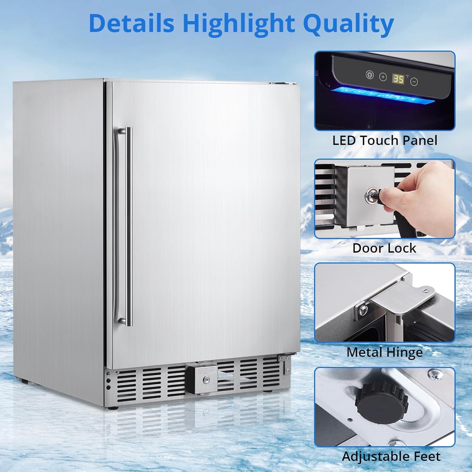 24 inch Undercounter Refrigerators, Weatherproof Outdoor Fridge with Stainless Steel Body for Patio, Beverage Refrigerator with Removable Shelves, Lockable Design for Home and Commercial 5.0 Cu.Ft