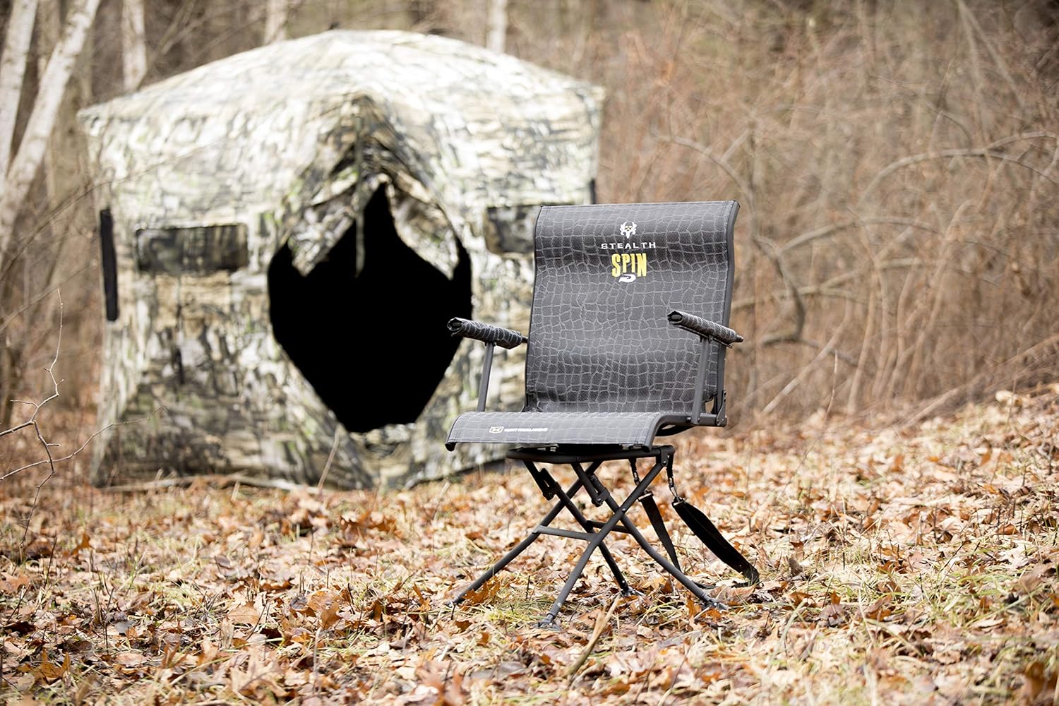 Hawk Stealth Spin Chair - Silent, Comfortable, Swiveling, Portable Chair for Camping, Hunting, Fishing, Backpacking, and More (Bone Collector Edition) , Black