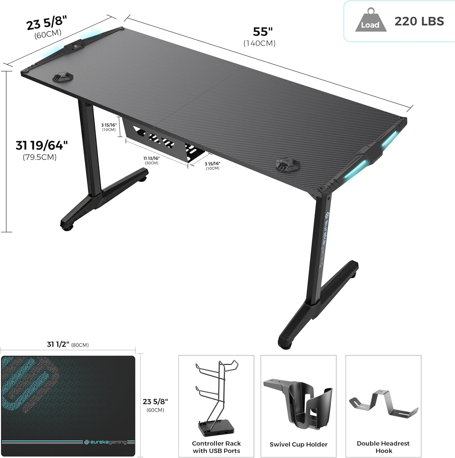 EUREKA ERGONOMIC RGB Gaming Desks, 55 Inch Computer Desk PC Studio Gamer Table Home Office Workstation, w Free Mouse Pad,USB Ports Controller Stand Cup Headset Holder Black for Game