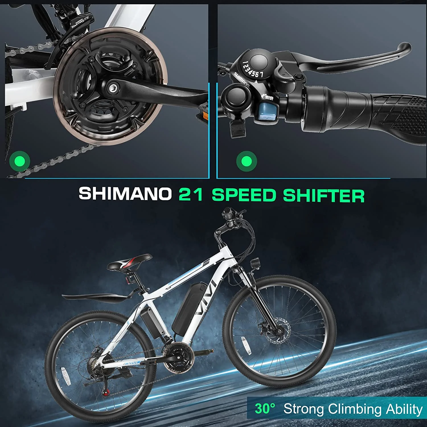 Vivi Electric Bike 26 Adult Electric Mountain Bike 500W Hardtail Electric Commuter Bike 21 Speed with Cruise Control Up to 20MPH & 50Miles