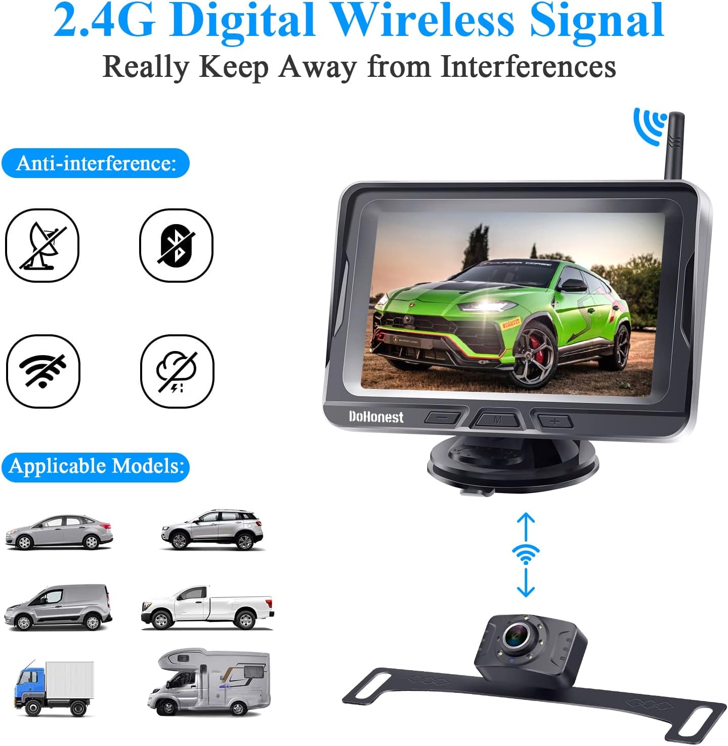 Wireless Backup Camera for Car with 5 Monitor, HD 1080P No Delay Bluetooth Backup Camera System for Truck Pickup Minivan Support Add Second RV Camera DIY Installation to Avoid Drill Hole -DoHonest S4