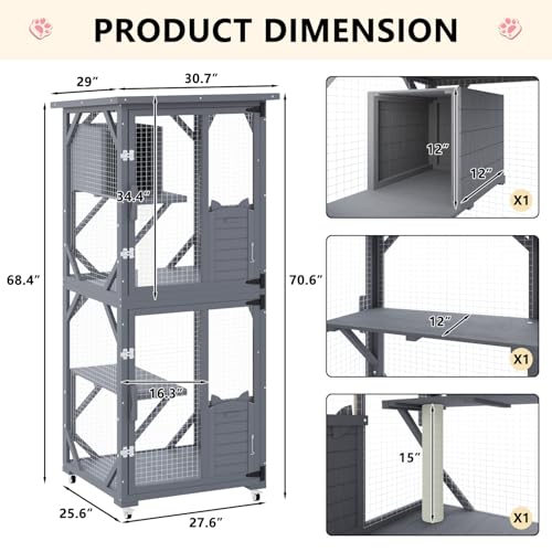 LEMBERI Cat House Outdoor Catio Cat Enclosures on Wheels, 71" Large Outside Patio Wooden Cat Cage Resting Box,Scratching Post, Waterproof Roof (Gray, 71")