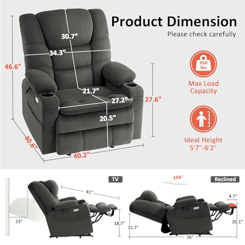 MCombo Large Triple Motor Power Lift Recliner Chair with Massage and Dual Heating, Adjustable Headrest for Tall Elderly People, Fabric 7634 (Grey, Large)