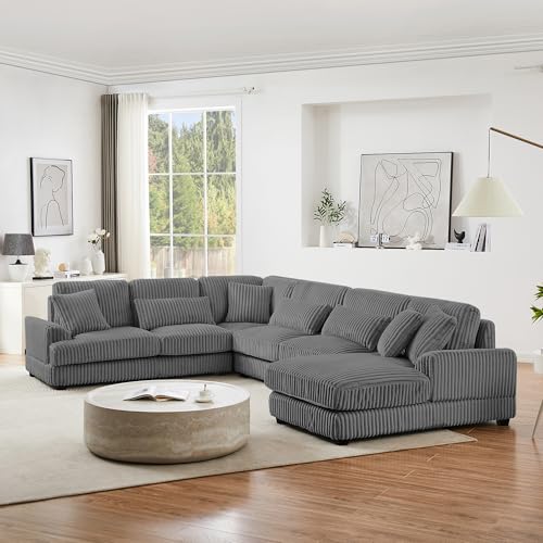 Oversized U-Shaped Sectional Sofa Couch Plush Corduroy Upholstered Modular Deep Seat Sofa&Couch Sectional W/Right Facing Chaise Lounge and 7 Toss Pillows for Home Apartment Living Room Furniture Sets