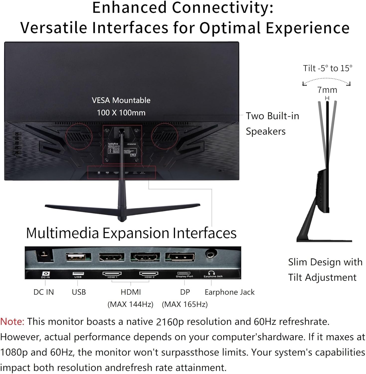 27'' UHD (3840 x 2160) IPS Zero-Frame LED Monitor, 4K Computer Monitor with Speakers,60Hz,99% sRGB,5ms,2X HDMI,DisplayPort,VESA,Tilt