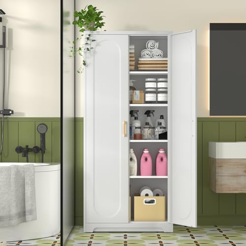 Metal Storage Cabinet with Doors and Shelves, 71 Inch Tall Kitchen Pantry Cabinet, Pantry Cabinets for Kitchen Storage, Freestanding Cupboard for Living, Dining Room, White, Assembly Required