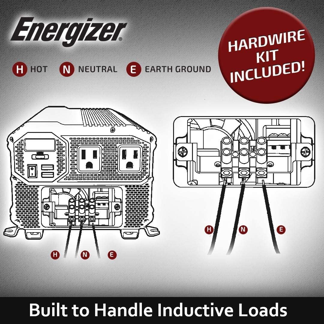 Energizer 4000 Watts Power Inverter Modified Sine Wave Car Inverter, 12V to 110 Volts, Two AC Outlets, Two USB Ports (2.4 Amp), Hardwire Kit, Battery Cables Included – ETL Approved Under UL STD 458