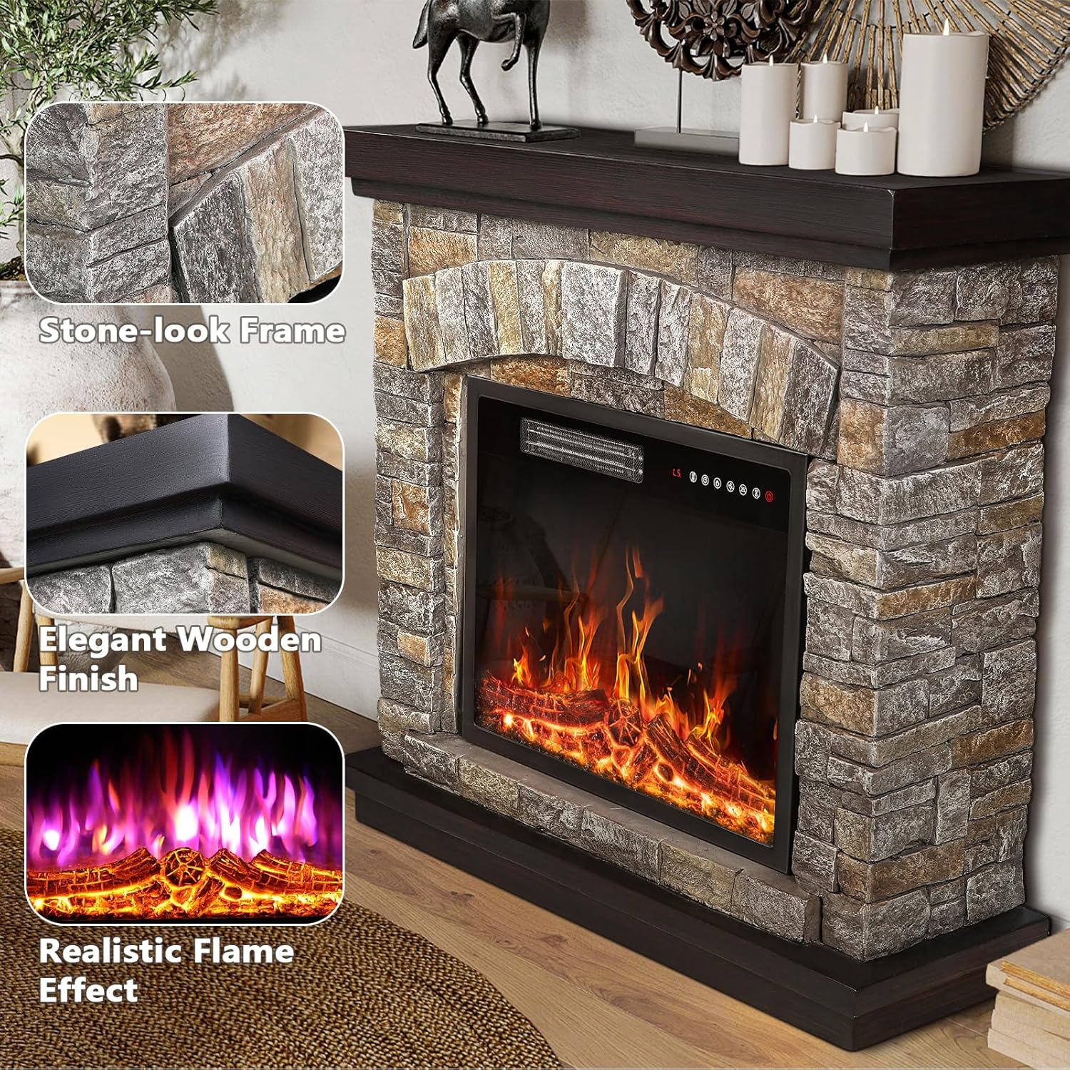 PUKAMI Electric Fireplace with Mantel, 36 inch Freestanding Stone Fireplace Heater TV Stand with Remote Control, Realistic Flame Effect and 3D Log, 750W/1500W
