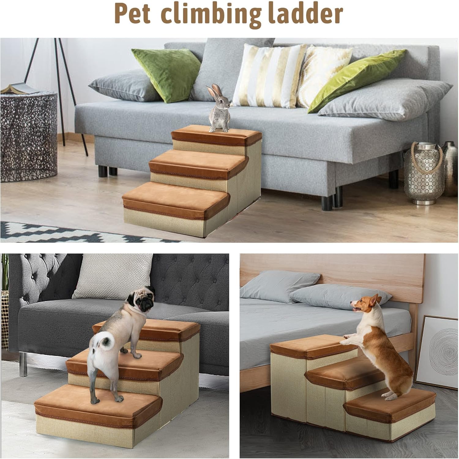 INRLKIT 3-Tier Pet Stairs, Foldable Dog Steps Dog Stairs/Ramps/Ladder for Beds Sofa, Pet Stairs for Older Dogs, Cats, Puppies, Injured Dogs, Small Dogs(Grey)