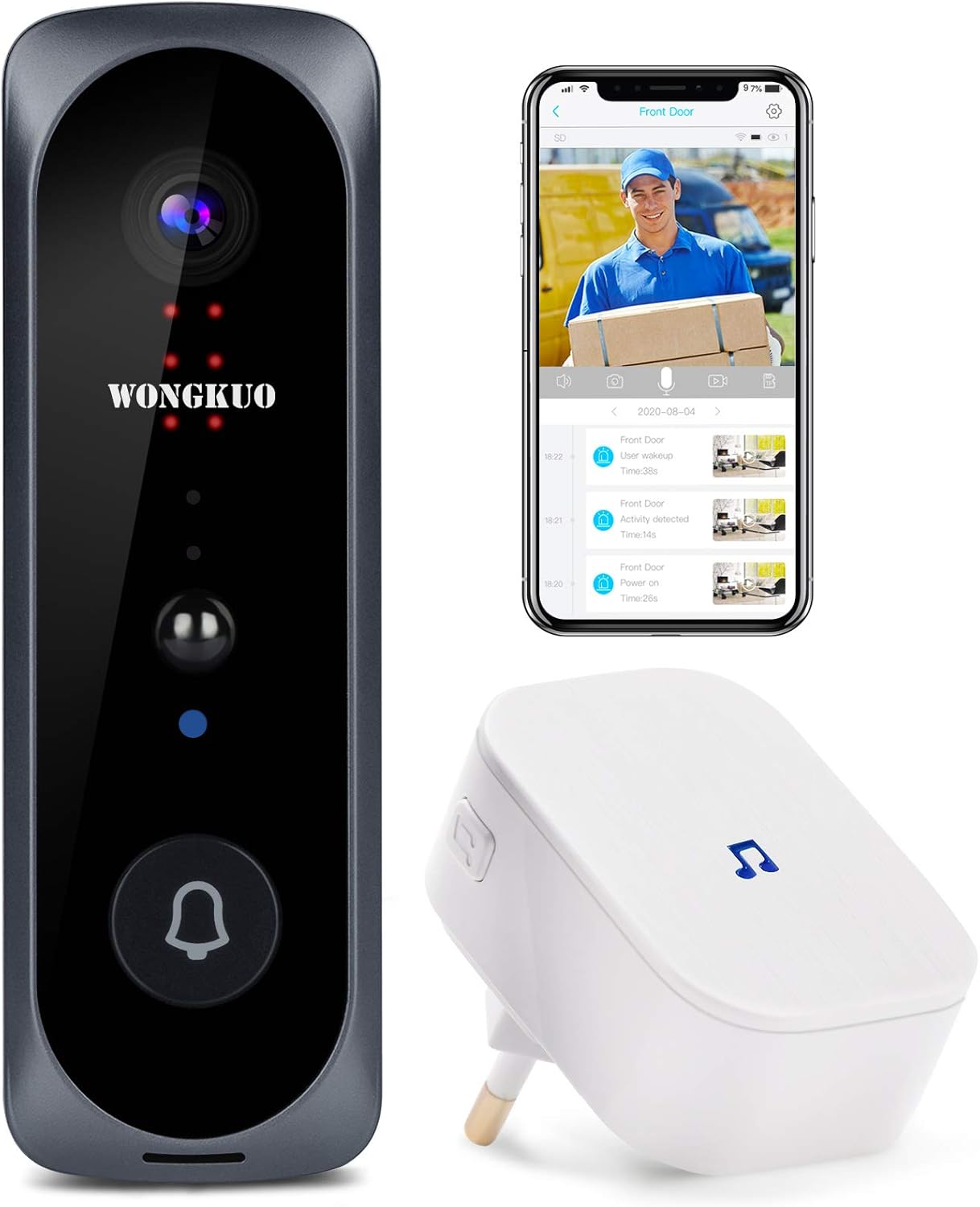 Video Doorbell WONGKUO Wireless Video Doorbell Camera HD 166° Security Smart WiFi Doorbells with Indoor Chime,2 Rechargeable Batteries,Motion Detection,Real-Time Video,Two-Way Talk,Night Vision