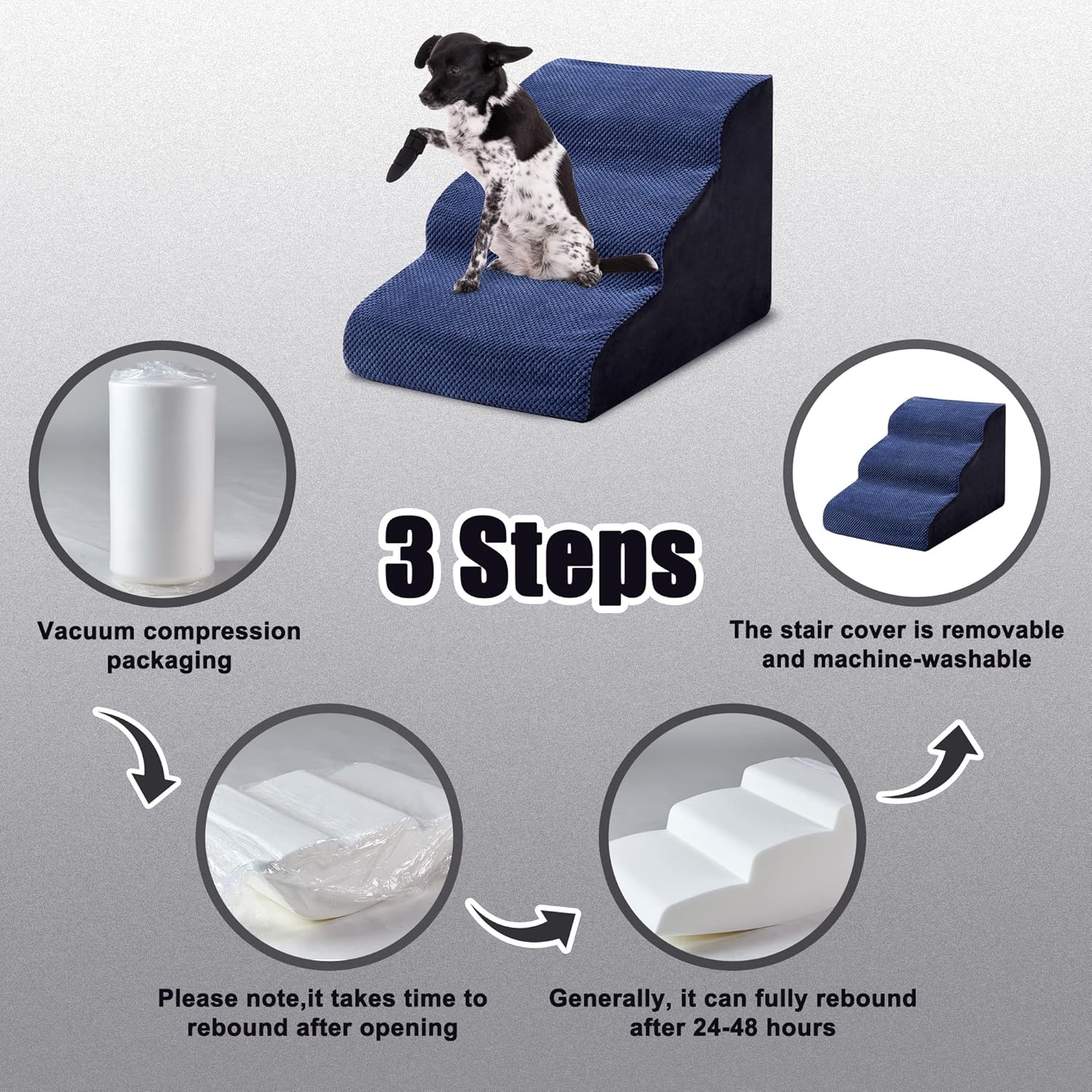 MALOROY 2 Tiers Foam Dog Ramps, Dog Ladder Pet Ramp Stairs Non-Slip Pet Step for Older Dogs and Pets with Joint Pain, Sofa Bed Ladder for Cats（Navy Blue）