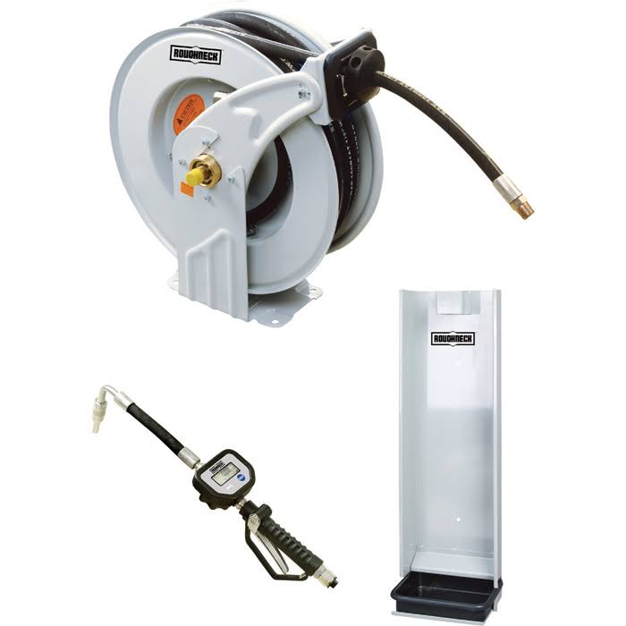 Roughneck Oil Hose Reel Kit - 1/2 inch x 50 ft. Hose, 1500 psi, Control Valve, Drip Tray