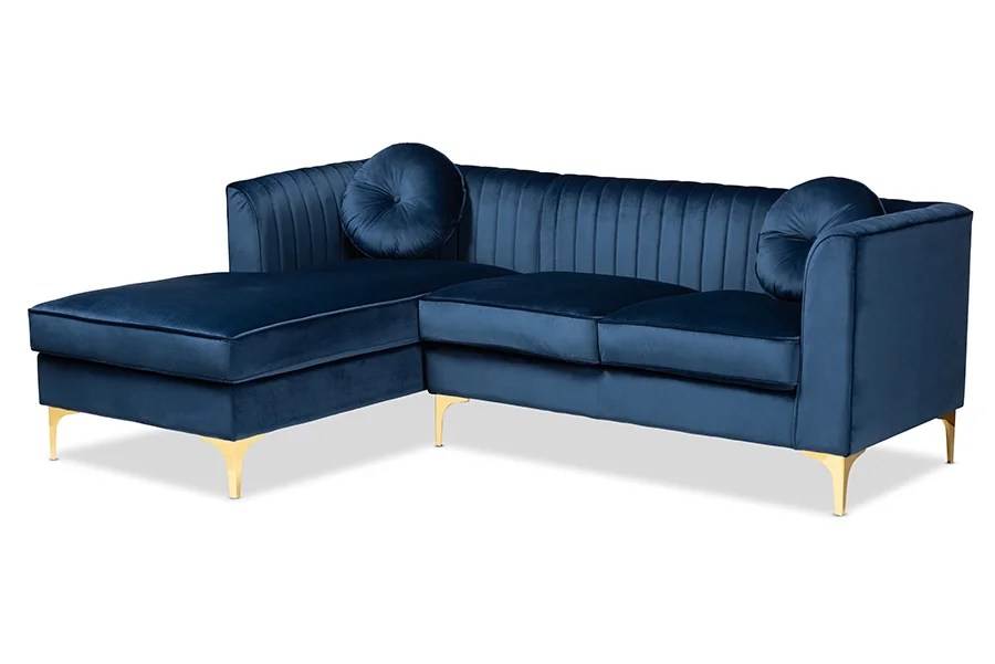 Baxton Studio Giselle Navy Blue Velvet Gold Finished Sectional Sofa