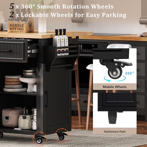 56.5" Rolling Kitchen Island with Storage on Wheels, Kitchen Cart with Drop Leaf & Power Outlet, Portable Island Table with 4 Doors, 5 Drawers, Spice Rack and Towel Bar for Dinning Room, Black