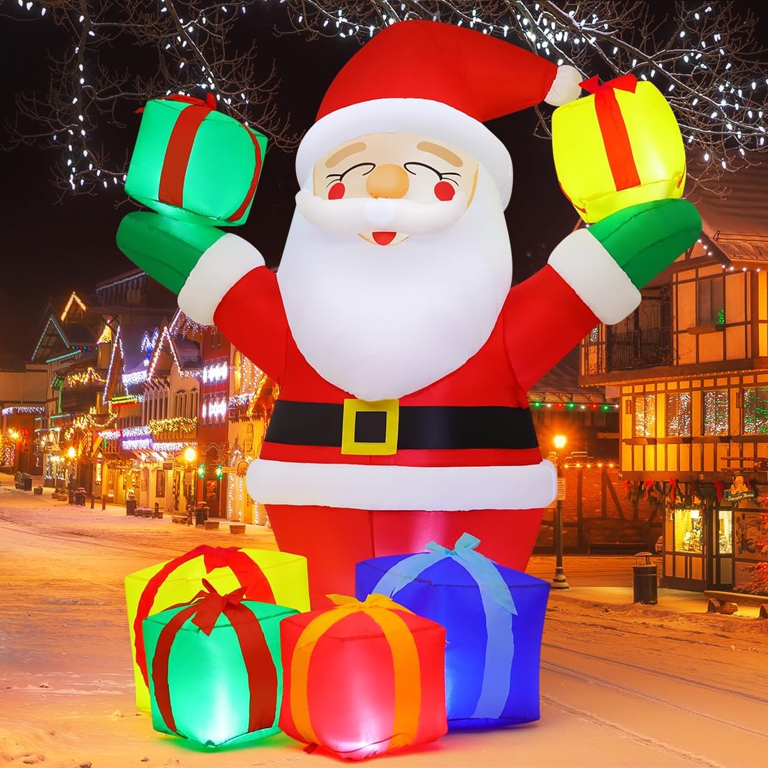 GOOSH 7 FT Christmas Inflatables Santa Claus in Sleigh and 6 FT Christmas Santa Inflatables Outdoor Decorations Smiling Santa Claus with Present Boxes
