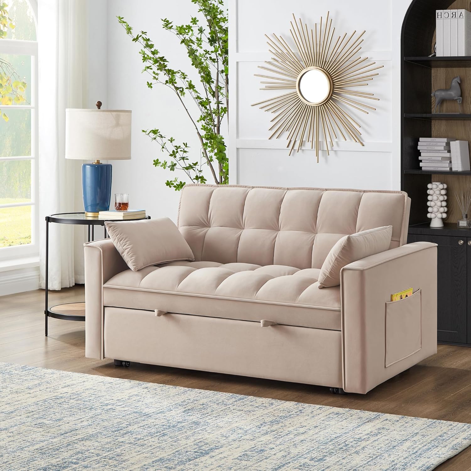 3 in 1 Multi-Functional Futon Loveseat Pull Out Couch Bed, Convertible Sleeper Sofa Bed with Adjustable Backrest and Pillows , 2 Seater Love Seat Lounge Chaise for Living Room Office RV Furniture