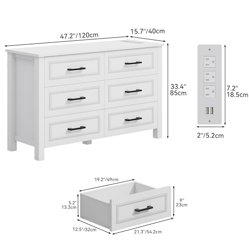 YITAHOME 6-Drawer Dresser with Built-in Power Outlet, Wood Dresser TV Stand with 6 Large Drawers and Bar Handles, White Dresser Chest of Drawers for Living Room, Hallway, Entryway
