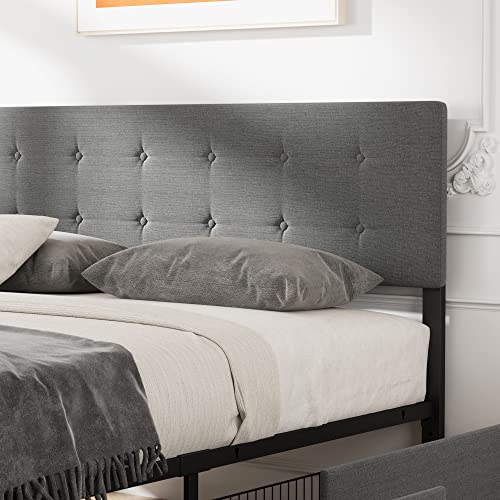 Queen Frame with 4 Storage Drawers,Grey Queen Size Upholstered Platform Bed Frame with Headboard and Wooden Slats Support No Box Spring Needed