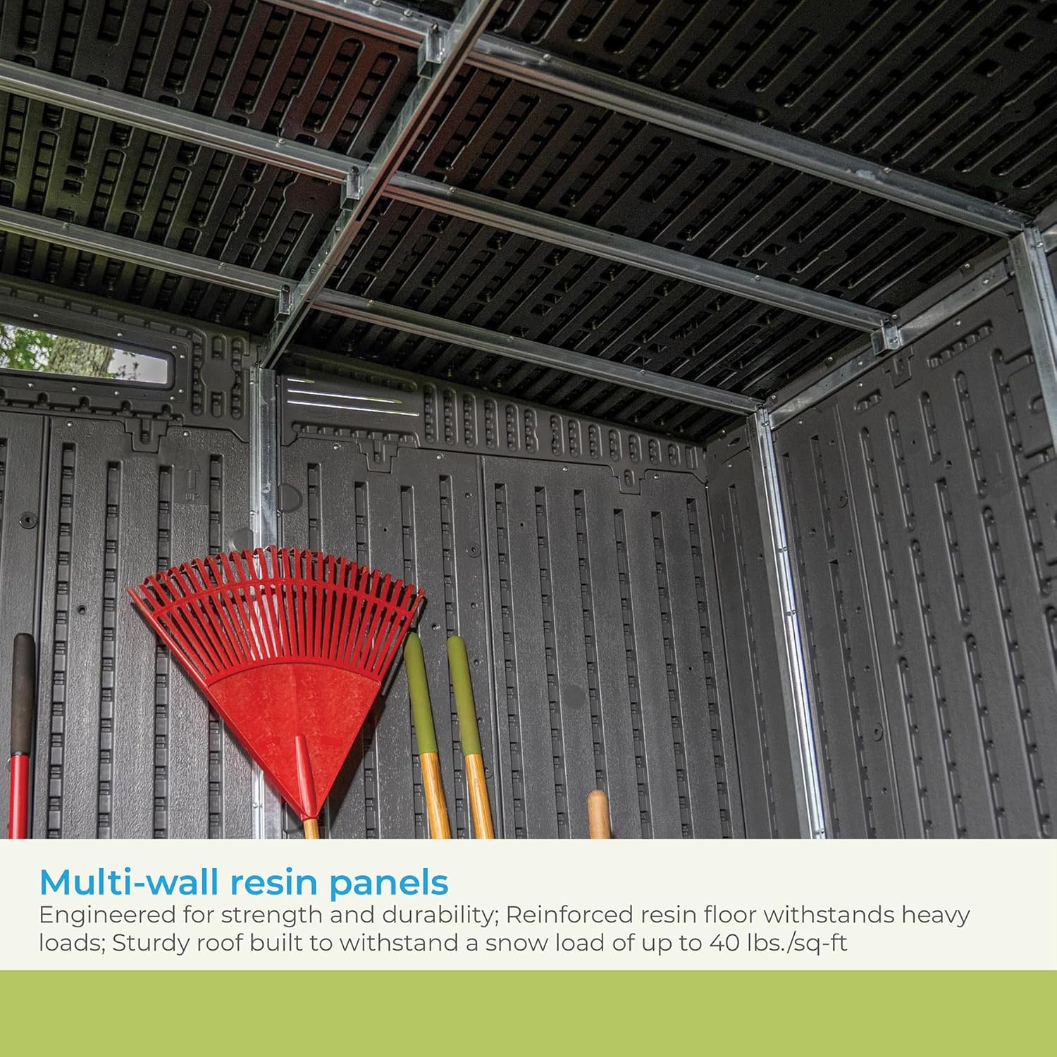 Suncast Modernist 10 Foot by 7 Foot Outdoor Plastic Storage Shed with Pad Lockable Sliding Barn Door for Outdoor Storage Items, Gray and Black