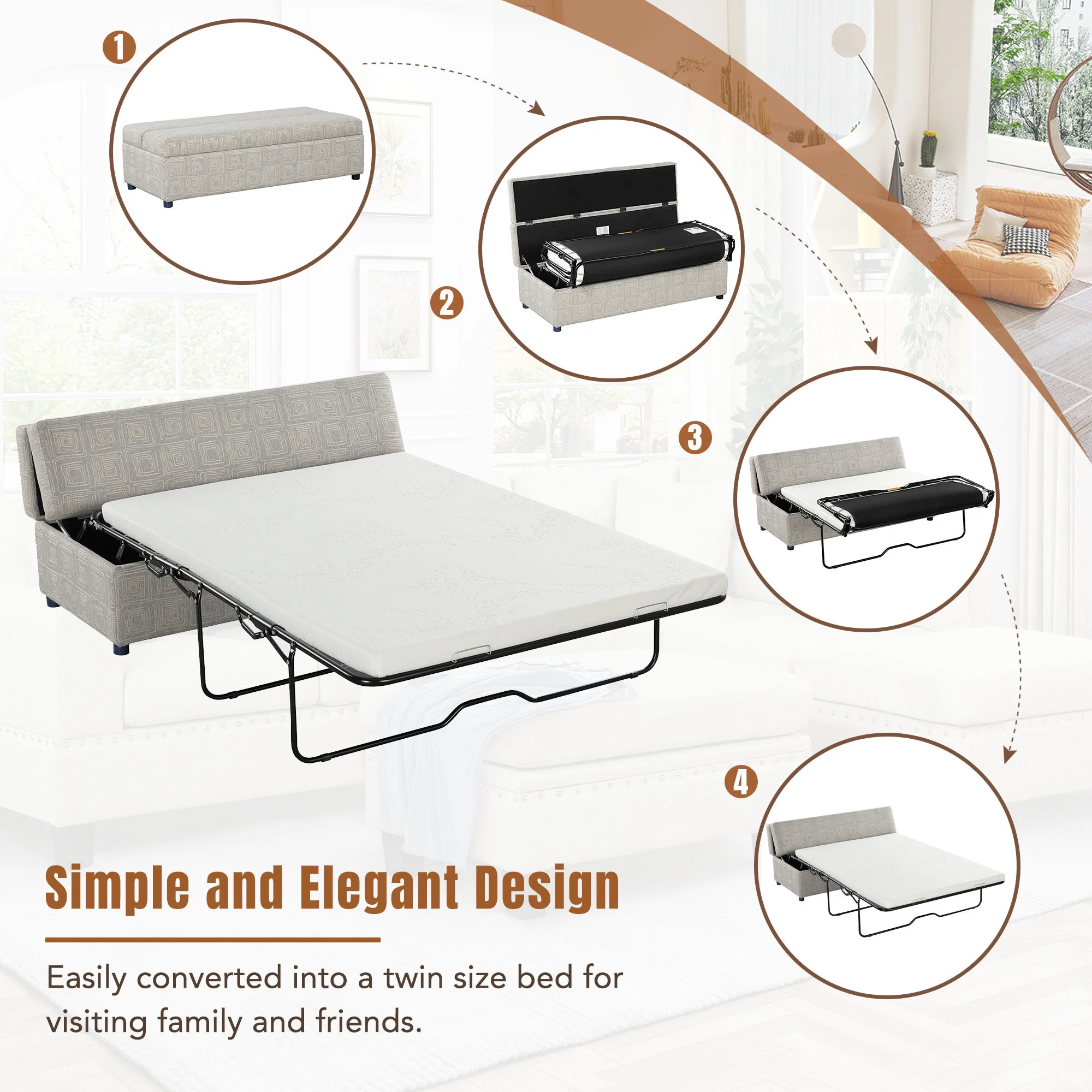 Soges 63" Folding Ottoman Sleeper Bed with Mattress Convertible Guest Bed, Gray