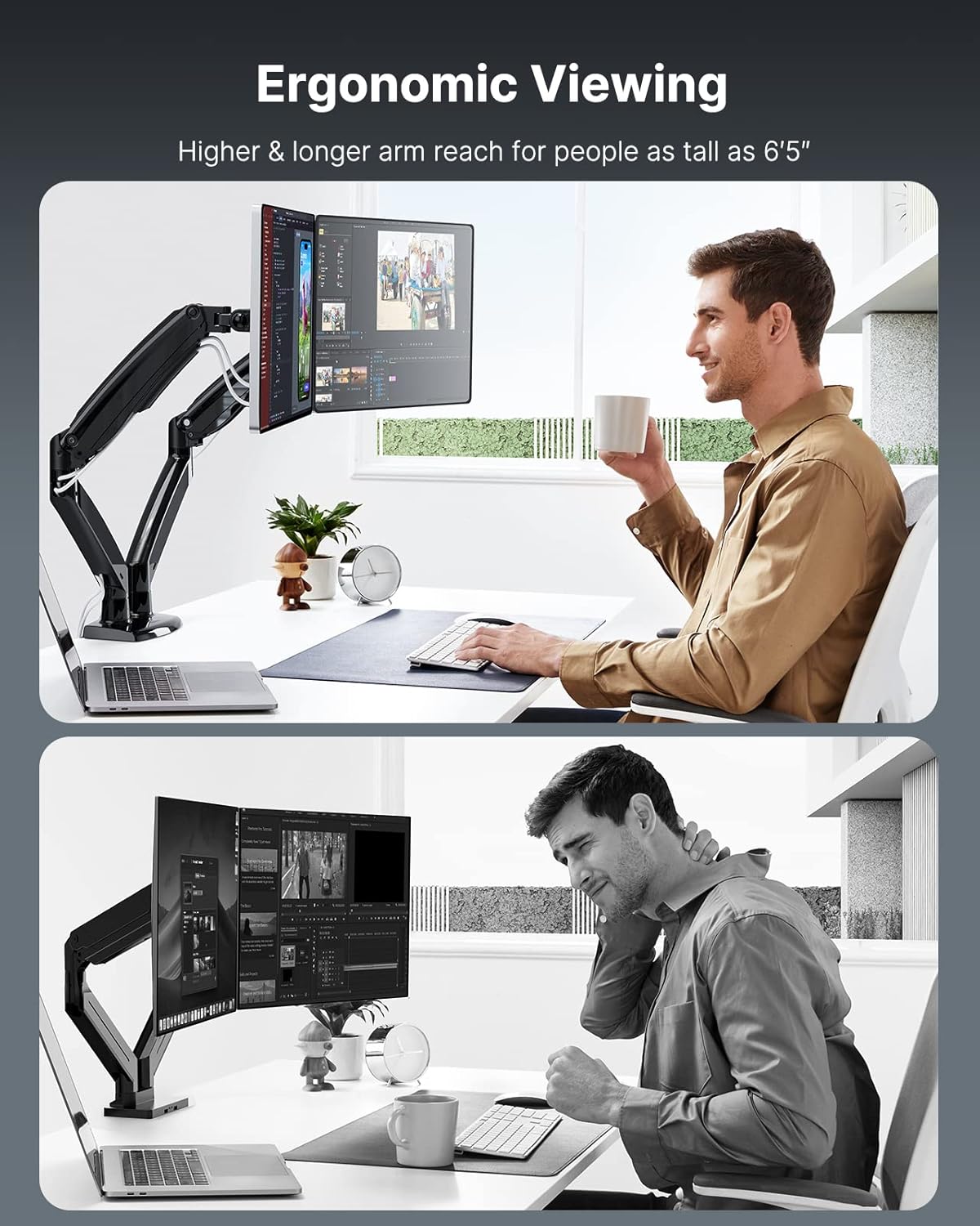 HUANUO Dual Monitor Stand for 13 to 35 inch, Premium Dual Monitor Mount with USB, Height Adjustable Monitor Stand for 2 Monitors, VESA Mount with Clamp/Grommet Base, Each Arm Hold up to 26.4lbs, Black