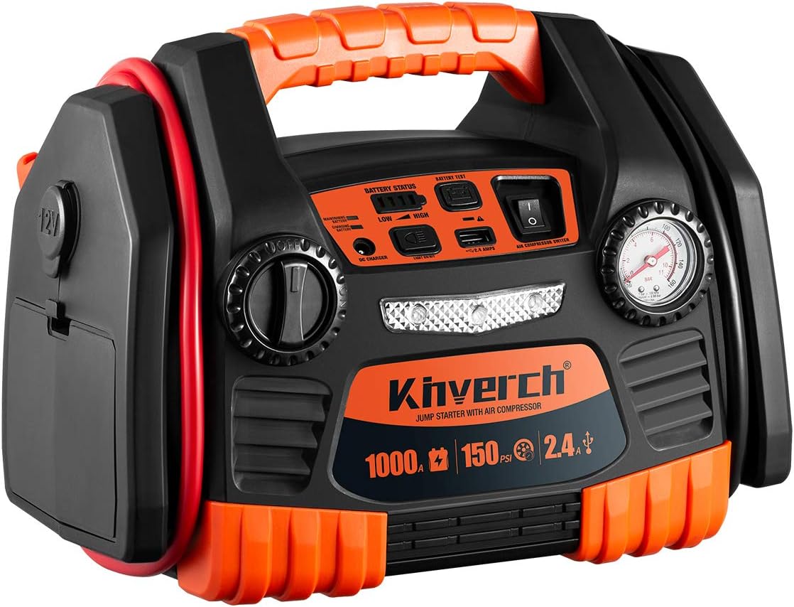 Kinverch Portable Car Jump Starter 1000 Peak Amp 12-Volt with 1-USB 1-12V Power Ports & 150 PSI Air Compressor