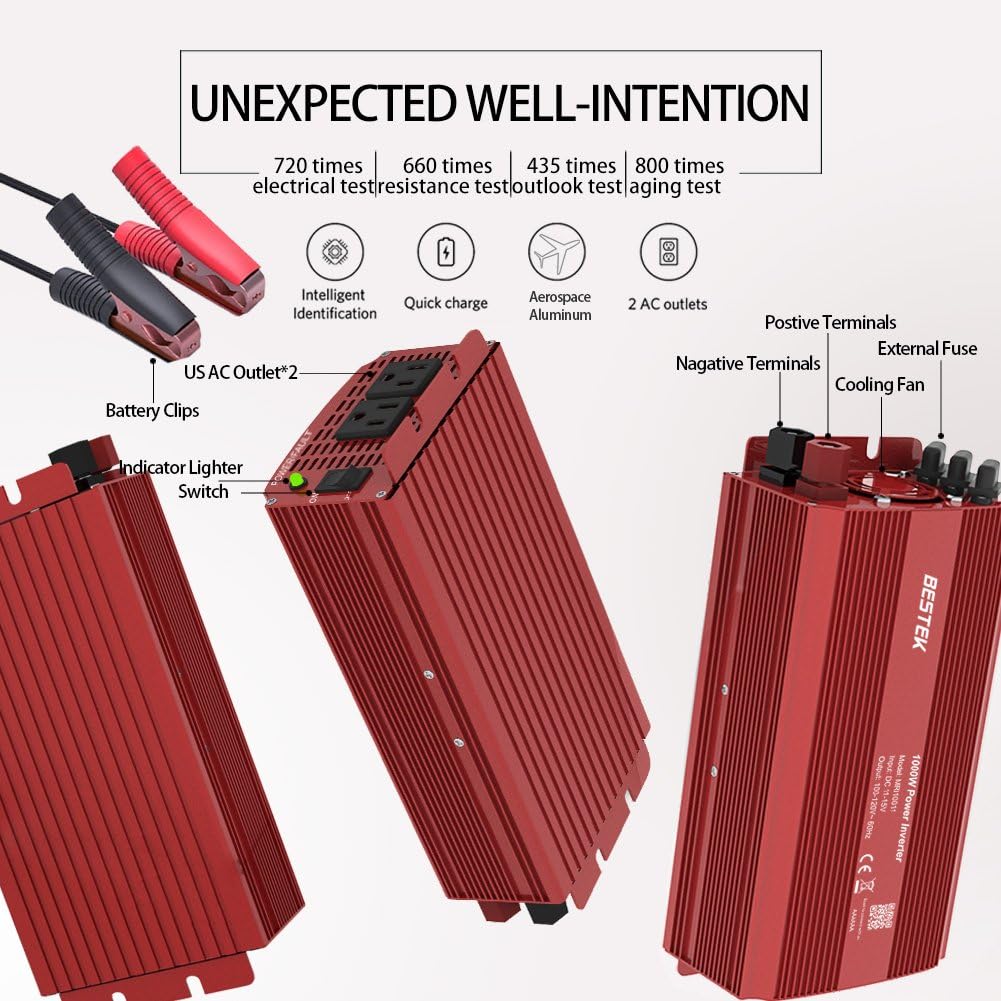 BESTEK Power Inverter 1000 Watt DC 12 Volt, Power Converter 1000w DC to AC Converter for Car