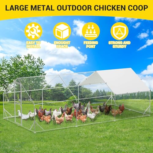 Large Metal Chicken Coop, Walk-in Poultry Cage, Chicken Run Pen House with Reinforcement & Waterproof & Anti-Ultraviolet Cover Chicken Coop Run with Lockable Doors for Outdoor 9.8 x 13.1 x 6.6ft