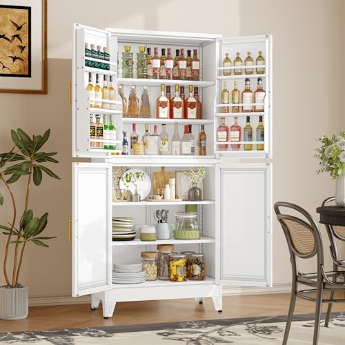 75.2" Tall Metal Pantry Cabinet, Storage Cabinets with 4 Door and 4 Adjustable Shelves, Black Kitchen Pantry Storage Cabinet, Freestanding Cupboard for Kitchen Dining Room Living Room Bathroom