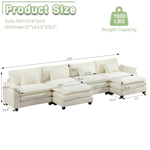 154" Oversized Modern U Shaped Sectional Sofa with Convertible Chaise, Velvet Fabric Comfy Cloud Couch Deep Sectional Sofa with Ottomans for Living Room (Grey, U-Shaped)