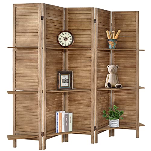 Room Divider with Shelves, Privacy Screen, Room Dividers and Folding Privacy Screens, 5 Panel Wood Temporary Wall Partition Separation Separator, Coconut