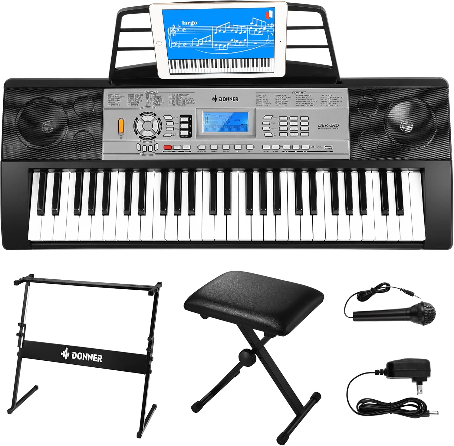 Donner Keyboard Piano, 61 Key Piano Keyboard, Full Size Electric Piano with Piano Stand, Stool, Microphone and Piano Course App, Supports MP3/USB MIDI/Audio/Microphone/Headphones/Sustain Pedal
