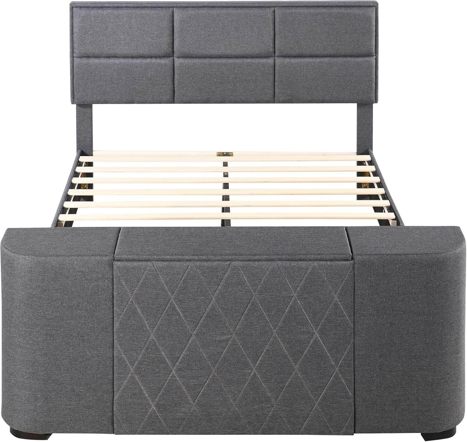 Queen Size Upholstered Platform Bed with Telescopic TV Stand, Modern Solid Wooden Bedframe with Adjustable Headboard & Support Legs, Media Storage Design, No Box Spring Needed, Gray