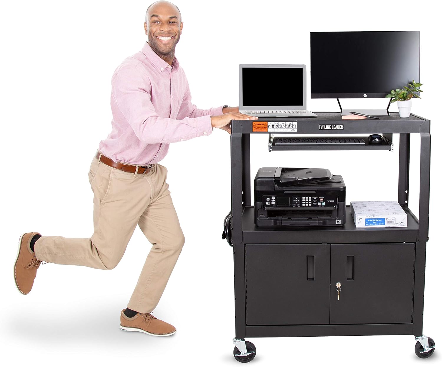 Line Leader Large AV Cart with Locking Cabinet | Height Adjustable Utility Cart | Includes Pullout Keyboard Tray & Cord Management | Easy Assembly (32in x 18in x 42in / Black)