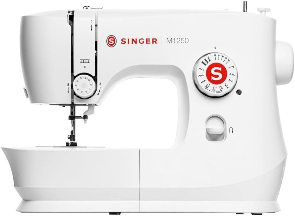 Singer M1250 Mechanical Sewing Machine with 45 Stitch Applications, and Top Drop-In Bobbin (White)