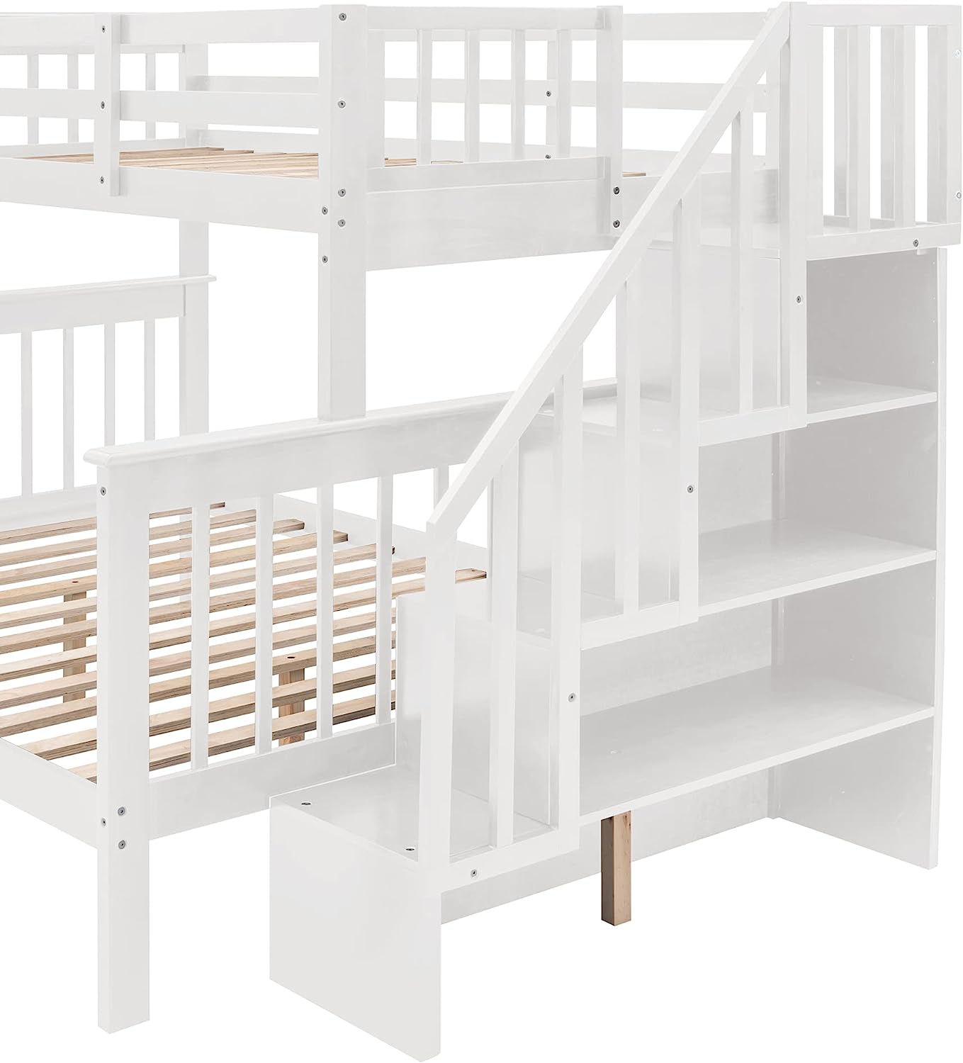 Over Full Bunk Bed With Stairs, Solid Wood Stairway Bunk Bed With Storage Drawers For Kids Teens Adults, Bedroom, Dorm (White)