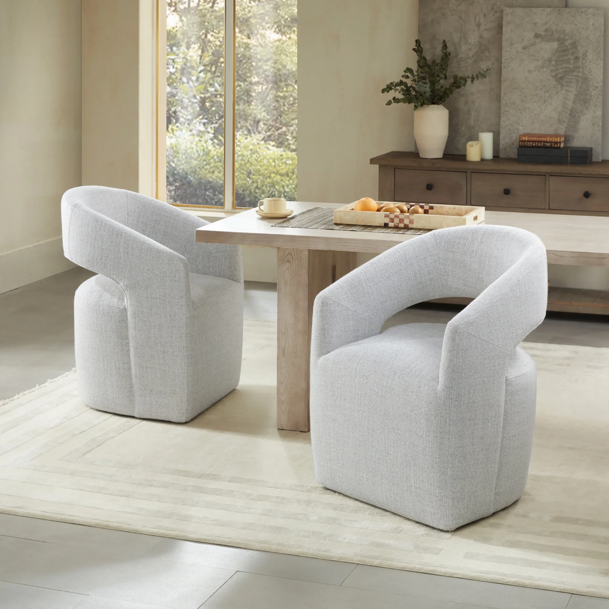 CHITA Modern Dining Chair with Caster Wheels & Open Back, Upholstered Dining Room Chairs, Fabric in Cloud