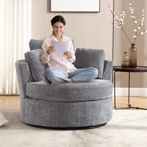 Chair and A Half with Ottoman, 360° Swivel Accent Barrel Chair Modern Comfy Round Reading Sofa Swivel Chairs Circle Lounge Chair for Bedroom Living Room w/4 Pillow Lower Seating Heigh (White, Large)