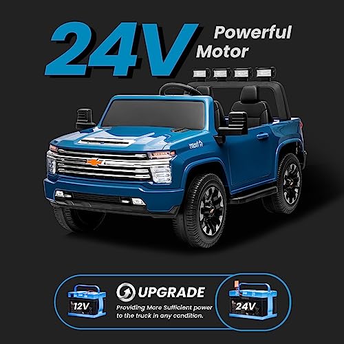 Track Seven 24V Ride on Car for Kids,Licensed Silverado HD 2 Seater Electric Car,Kids 24V 2 Seater Ride On Car with Remote Control,24V Ride on Truck,Music,ABC,Electric Vehicle, Blue