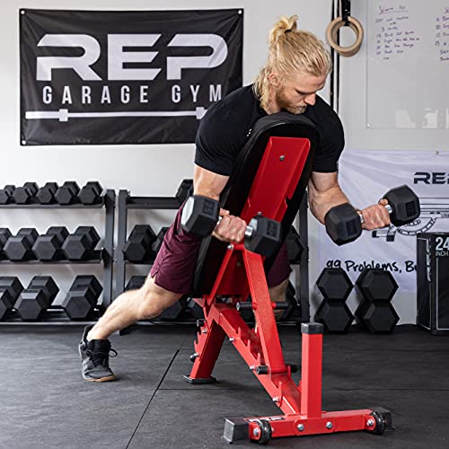 Rep Rubber Hex Dumbbell Sets with Racks. 5-50, 5-75, or 5-100 LB Sets available with Black, Blue or Red Racks to Match your Home Gym. For Strength Training, Conditioning, and Full-Body Workouts.