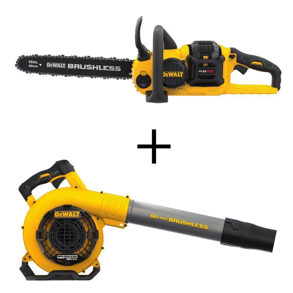 DeWalt 16 in. 60V Max Cordless FLEXVOLT Brushless Chainsaw with (1) 3.0Ah Battery u0026 Charger with Bonus Handheld Blower