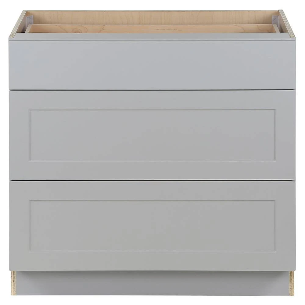 Hampton Bay Cambridge Shaker Assembled 36 in. x 35 in. x 24.5 in. Base Cabinet with 3-Soft Close Drawers in Gray