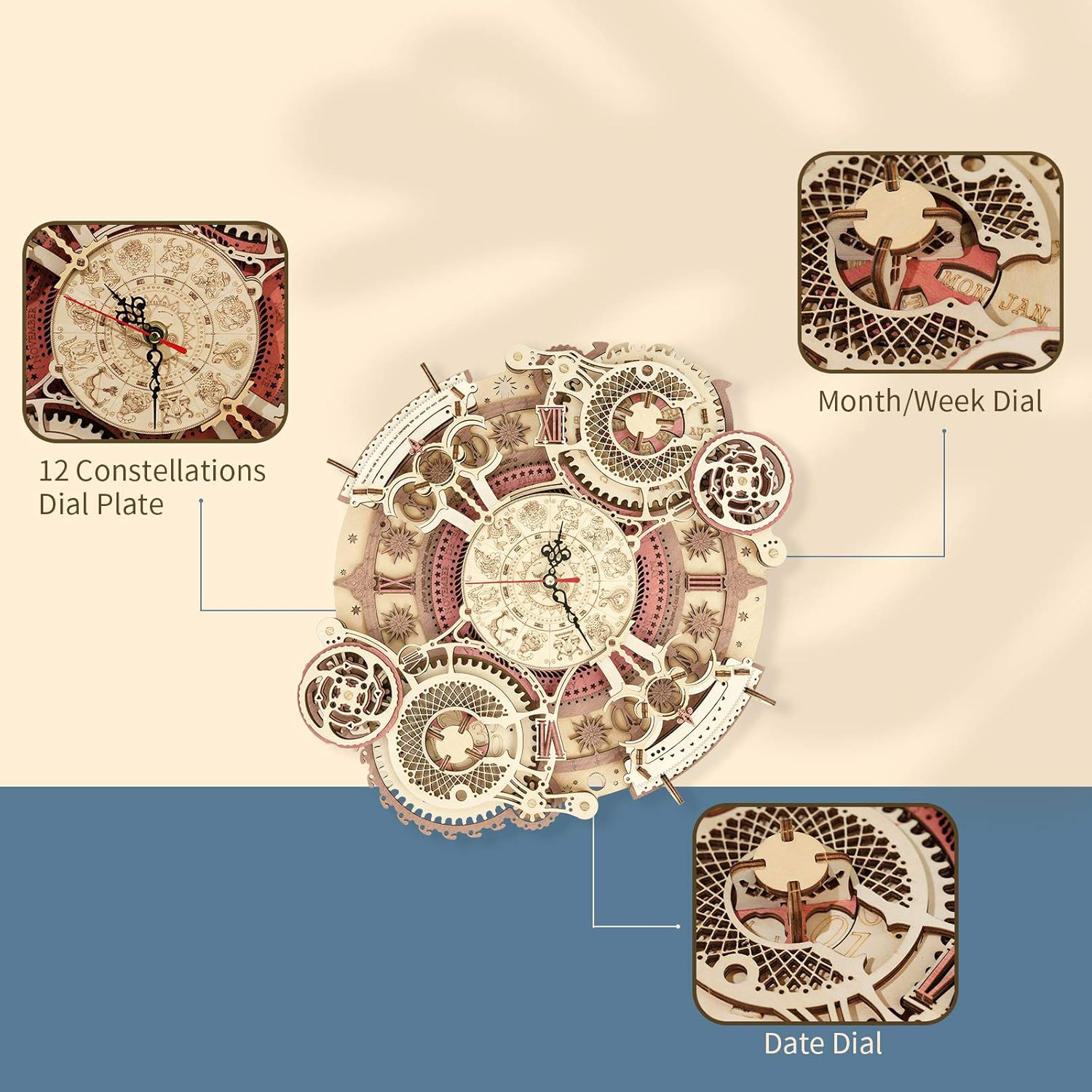 ROKR 3D Wooden Puzzles Zodiac Wall Clock Model Kits to Build DIY Mechanial Building Set for Adults Birthday
