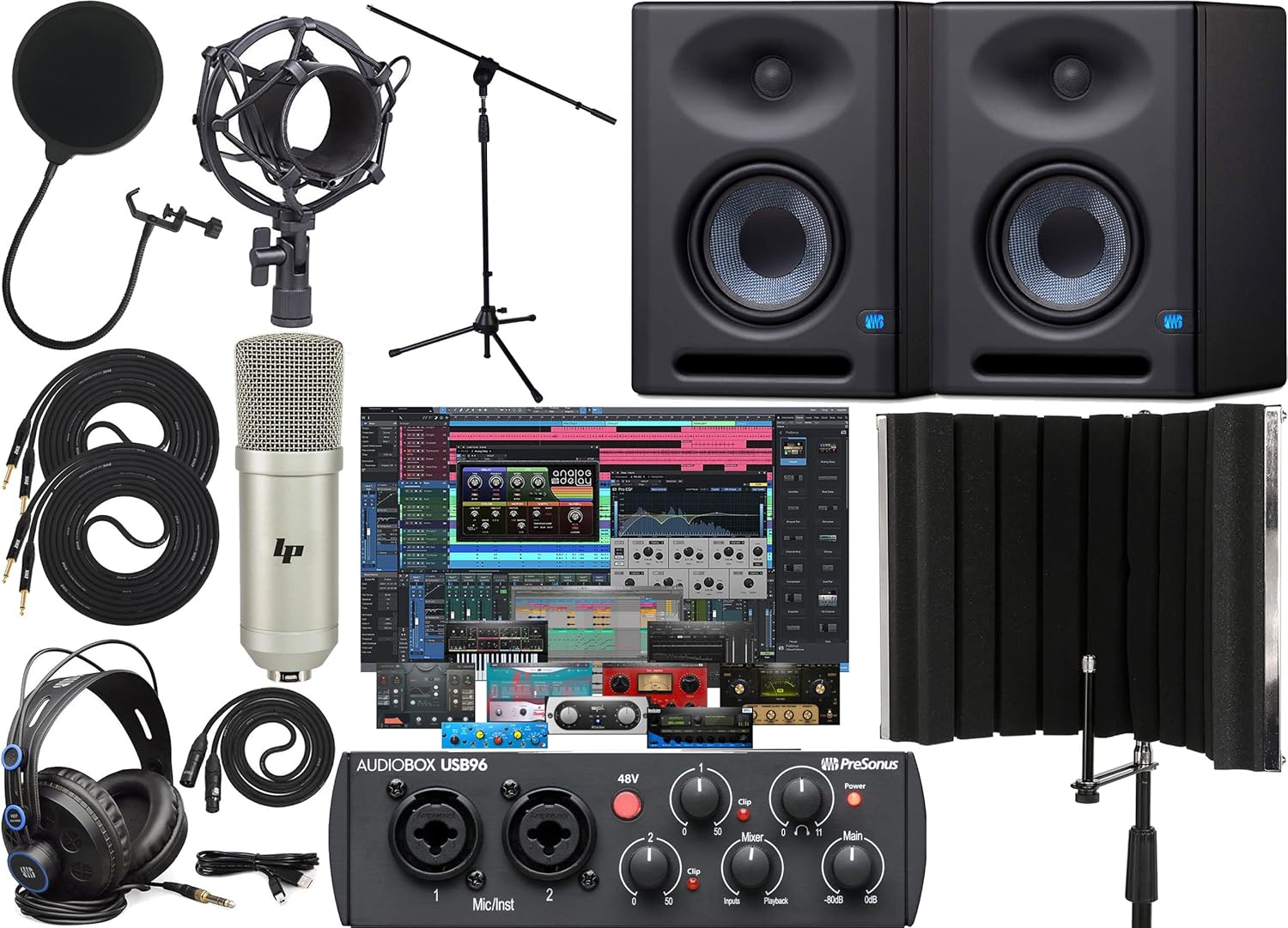 Presonus AudioBox 96 Recording Audio Interface with Creative Software Kit and Studio Bundle and Eris E5 XT Pair Studio Monitors with EBM Wave Guide Design and 1/4 Cables