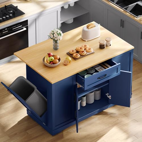 YITAHOME 50" Rolling Kitchen Island with Power Outlet & Drop Leaf, Mobile Storage Islands with Trash Can Cabinet, Microwave Rack Serving Cart on Wheels with Spice Rack, Retro White