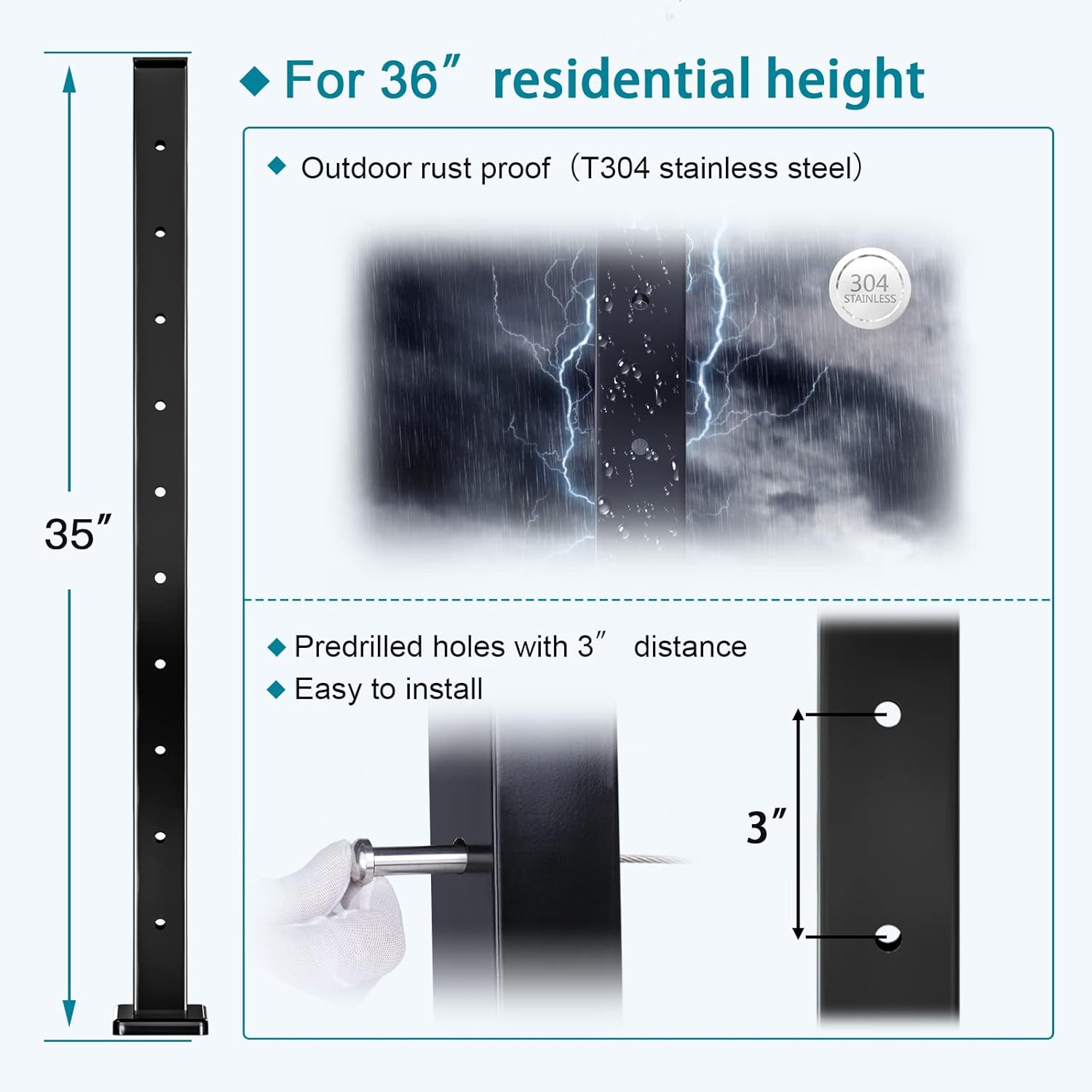 Muzata 4Pack Cable Railing Post Level-drilled Post with Flat top 36''x2''x2'' Black Square Weldless Stainless Steel Pre-Drilled for Wood Concrete Surface Mount Deck PS02 BH4S, PT1 PT2 PT6