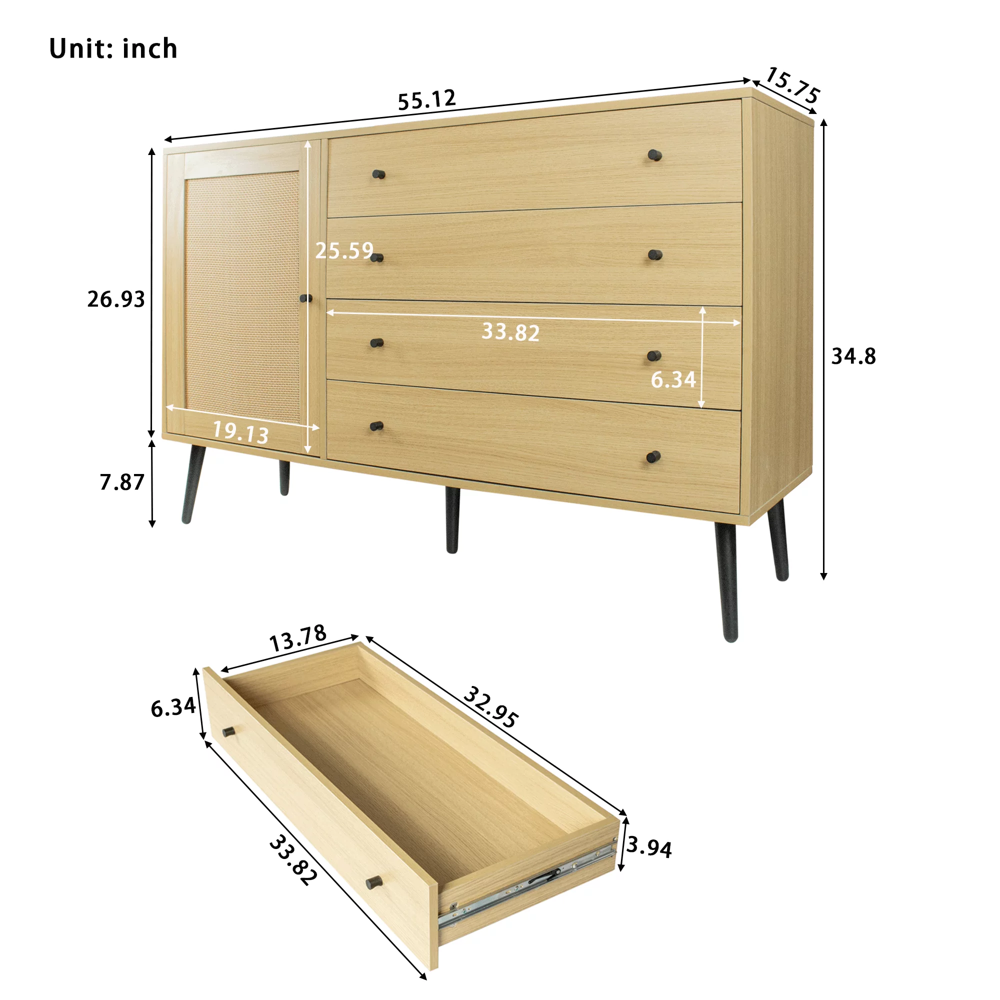 HIUU Storage Cabinet with Door and 4 Drawers for Living room,Sideboard Buffet Cabinet for Dining Room,Natural Wood Dresser for Bedroom