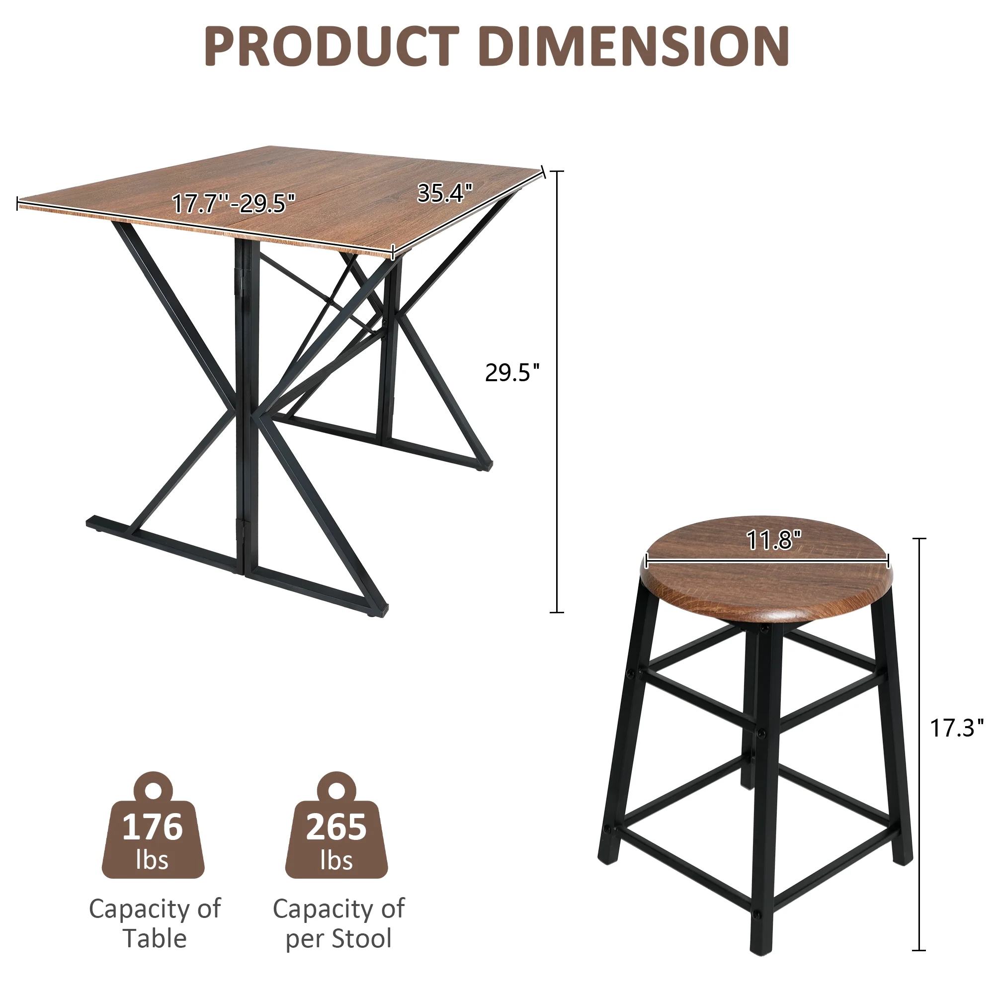 Folding Dining Table Set for 2 Chairs, Mid-Century Bar Table with Small Spaces Compact Design Farmhouse Classic Modern Rustic Style